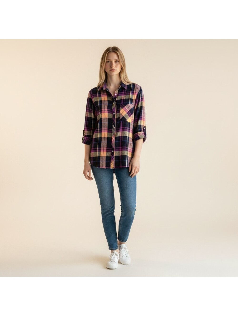 Cato Shirt Women M Medium Blue Plaid Button Up Collared Long Sleeve Pockets